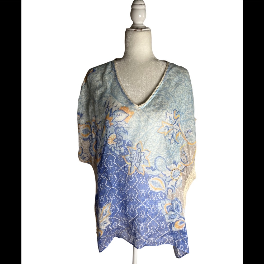 Chico’s 100% Linen Blue Ocean Beach Floral Poncho Tunic Top Size S/M